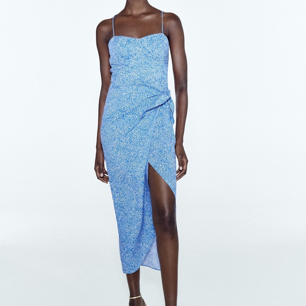 Zara blue spotted corset dress with crisscross straps, knotted waist